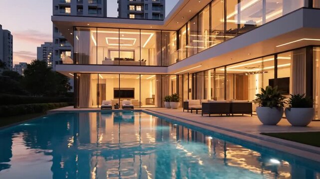Modern luxury residence with illuminated pool and elegant architecture at dusk