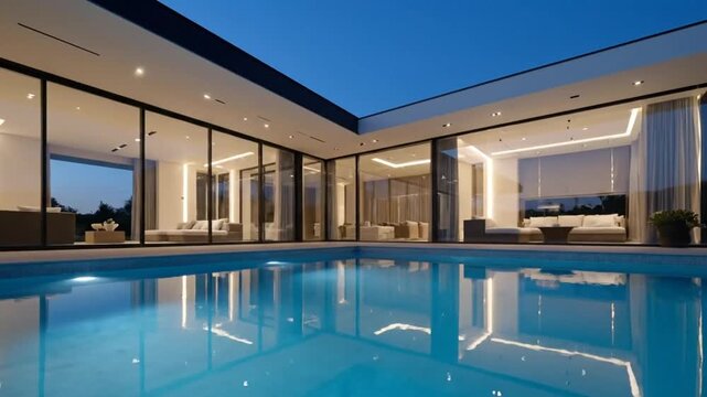 Modern luxury home with illuminated outdoor pool and elegant interior design