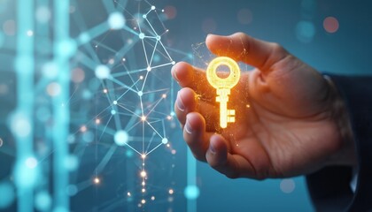 Person holds glowing golden key near digital network graphic. Symbolizes data security access control privacy ownership concept. Future tech innovation solution.