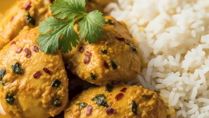 Savory chicken tikka masala with fresh cilantro and white rice for National Curried Chicken Day
