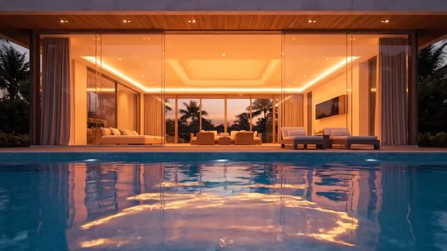Luxury modern villa with illuminated interior reflections by the pool at dusk