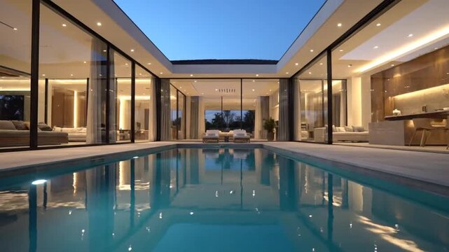 Luxurious modern house interior with swimming pool and elegant architecture at