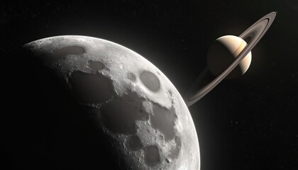 Close up of Earths moon with distant Saturn and its rings visible in dark starry space. Celestial bodies floating in cosmic void, scientific or fantasy exploration.