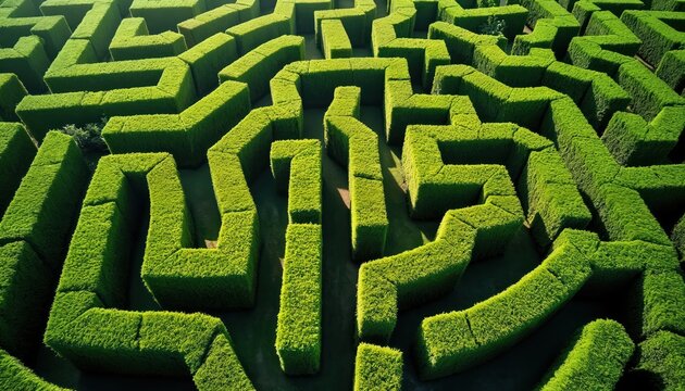 Aerial view of dense green hedge maze with winding paths creating geometric shapes, optical illusions. Intricate garden labyrinth offers complex puzzle, evoking feelings of lost seeking direction