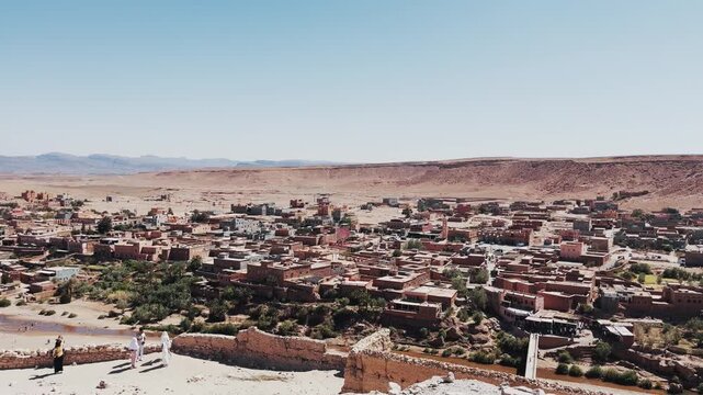 Scenic panoramic view of Ait Benhaddou in Morocco under clear blue skies