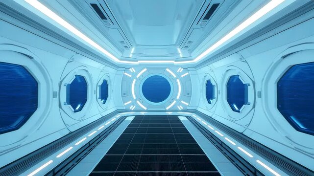 Clean white space corridor with illuminated walls and geometric architecture creating depth symmetry and advanced interior travel atmosphere