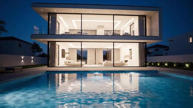Modern illuminated villa exterior with swimming pool at night for luxury retreat