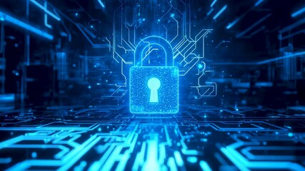 Digital security lock glowing over data circuitry with cyber protection concept depth perspective and high technology network atmosphere - Powered by Adobe