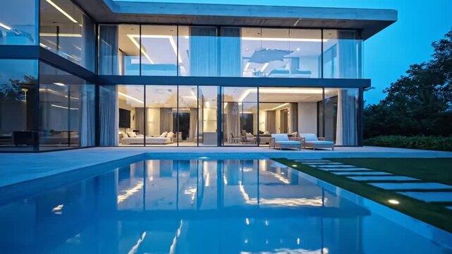 Modern luxury residence illuminated at dusk showcasing architectural