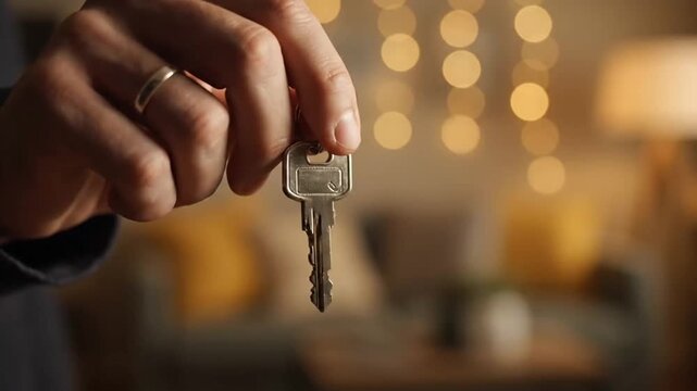 Close-up of hand holding a house key in a warm-lit indoor setting