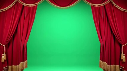 Curtains open to reveal green screen stage for creative background animation