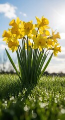 Vibrant yellow daffodils bloom in dew-kissed morning grass
