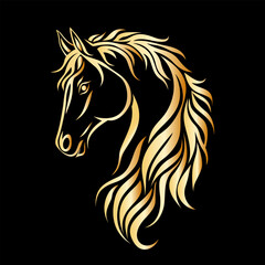 Vector illustration or logo of a golden horse head isolated on a solid black background.