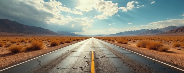 Empty asphalt road through desert landscape with dry grass and mountains afar. Wide open space under cloudy sky with sun rays. Vast wilderness journey setting.