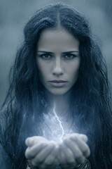 Mujer sosteniendo rayo en sus manos bajo la lluvia, Primer plano de mujer con pelo oscuro y rel&aacute;mpago en las manos, Mockup para dise&ntilde;o de portada de libro de fantas&iacute;a, Est&eacute;tica dark fantasy, bruja