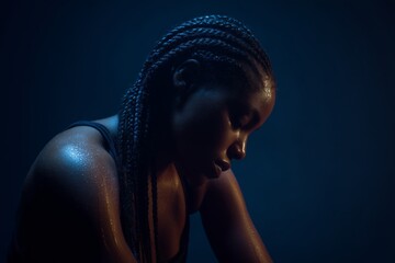 Primer plano de mujer negra sudada con trenzas mirando hacia abajo, Retrato de atleta femenina descansando despu&eacute;s del entrenamiento, Foto de perfil para marca de fitness inclusiva