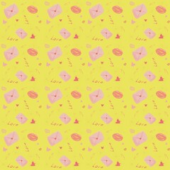 Fototapeta premium Seamless kiss and letter pattern for Valentine’s Day, yellow love background for wrapping paper and fabric.