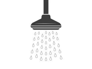 A simple black and white illustration of a showerhead with falling water droplets