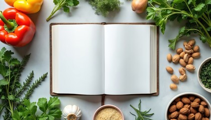 Open cookbook rests on counter surrounded by fresh vegetables bell peppers onions garlic herbs nuts. Blank pages offer space for writing recipes meal planning or journaling.