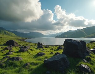 Vast lake reflects cloudy sky amid rolling green hills and large boulders. Rocky terrain meets calm water, creating a serene, natural landscape with distant mountains.