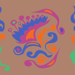 Horizontal colored  leaves, flower, spirals. Hand drawn.