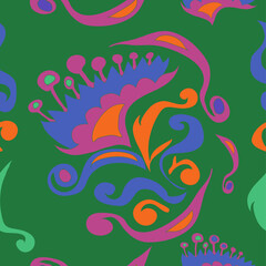 Seamless colored  leaves, flower, spirals. Hand drawn.