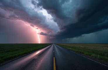 Lightning strikes on a vast prairie as a storm approaches on a wet road. Dark ominous clouds fill the sky over green fields. A powerful natural event unfolds over an empty highway.