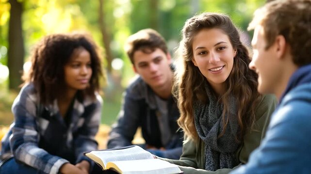 Faceless group of teenagers engaged in lively discussion around Bible passage during youth group meeting outdoors, spiritual insights and connection, defocused natural setting, wit