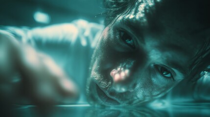 Imagen para campa&ntilde;a de salud mental con enfoque en la vulnerabilidad masculina, Est&eacute;tica underwater dark para proyecto creativo, adicci&oacute;n a las redes sociales, adicto al m&oacute;vil