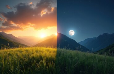 Split view shows meadow transition from bright sunny day with sunset to dark night with full moon. Mountains and grass landscape contrast light and dark.