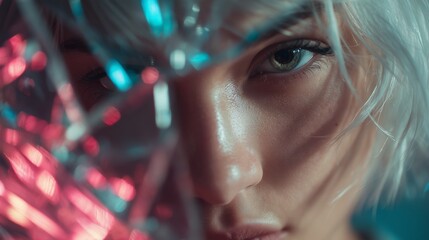 Retrato &iacute;ntimo de mujer con cabello blanco y luces de colores, Primer plano de rostro femenino con mirada directa y bokeh de fiesta, Imagen para campa&ntilde;a de belleza minimalista con est&eacute;tica futurista