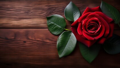 dark red rose with green leaves and soft petals on a wooden table