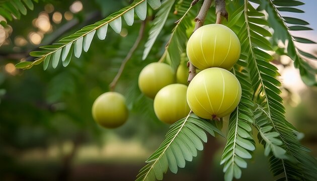 fresh amla fruit with leaves hanging from the branch of an amla tree in a lush garden organic