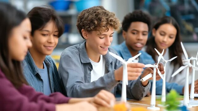 Faceless group of multiethnic teenagers collaborating on science project, assembling wind turbine models discussing renewable energy in classroom, defocused educational materials,