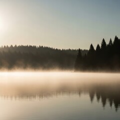 Fototapeta premium Serene Misty Lake at Sunrise with Pine Forest Silhouette Reflected on Calm Water