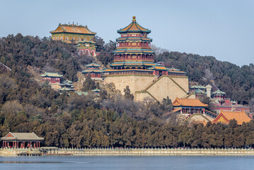 Longevity Hill with Buddhist Incense Tower and Hall of Sea of Wisdom in Summer Palace in Beijing, capital city of China