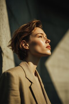 Retrato de mujer pelirroja con blazer beige a contraluz, Primer plano de perfil de una modelo pecosa con luz dorada, Imagen para campa&ntilde;a de moda sostenible y consciente