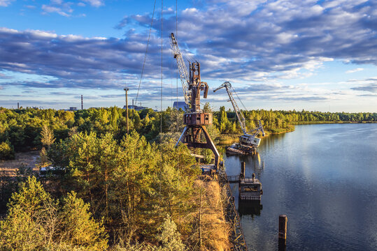 Crane in abandoned port of Yanov Backwater in Chernobyl Exclusion Zone, Ukraine