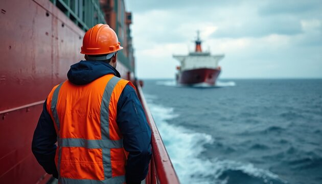 Seaman in orange safety vest and hard hat watches another cargo ship sail by on the blue ocean. Cloudy day at sea aboard large freighter vessel.