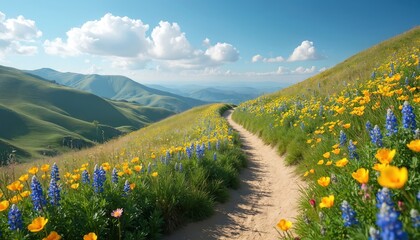 Sandy path winds through green hills covered in yellow and blue wildflowers. Blue sky with white clouds above rolling mountains. Peaceful scenic nature vista.
