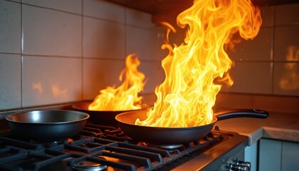 Kitchen pans on stove with high flames from grease fire. Danger during cooking needs immediate safety response and prevention. Fire spreads quickly.