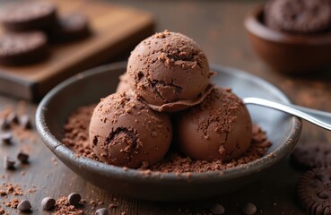 Three scoops of rich chocolate ice cream dusted with cocoa powder rest in a dark bowl. A shiny spoon waits to serve this cold, sweet, dairy dessert. Delicious treat for hot summer days.