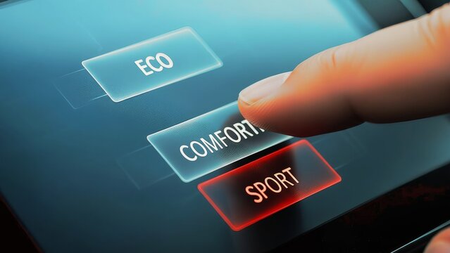 Close up of finger touching digital screen inside car selecting between eco comfort and sport modes futuristic automotive display interface showing menu options with glowing blue lighting.