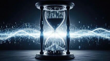 Digital Time Concept with Hourglass and Flowing Data Light - Powered by Adobe