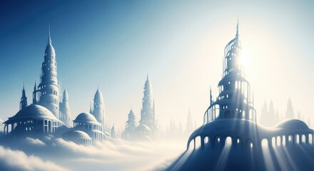 Ethereal floating city fantasy architecture sunlight