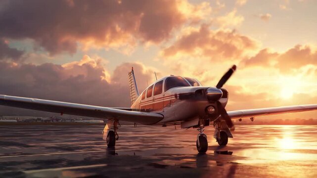 Single Engine Aircraft with Reflection Under Orange Sky