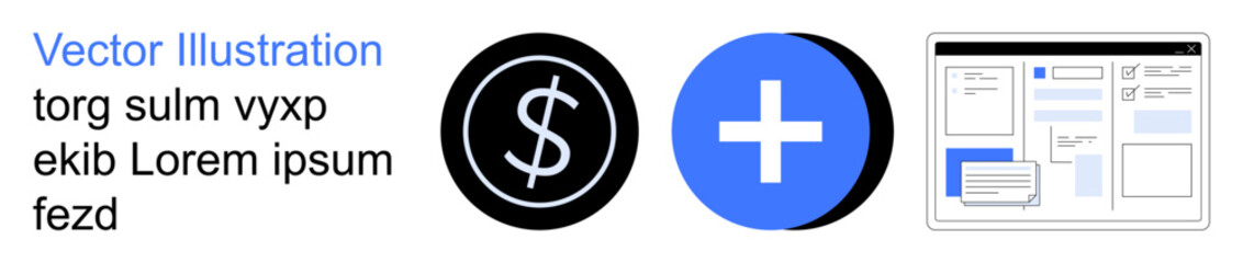 Fototapeta premium Finance tools, healthcare services, digital solutions, operational systems, business interfaces, UI design. Dollar sign, medical cross and webpage template. Finance tools and healthcare services