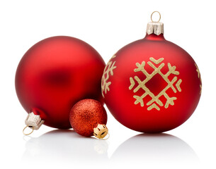 Three Christmas red baubles isolated on white background