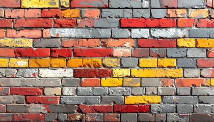 Fototapeta premium Colorful brick wall background with grey, red, and yellow bricks. Urban texture ideal for architecture, construction, design backgrounds, posters, and creative copy space.