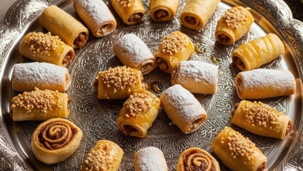 Assortment of various pastries arranged on ornate metal platter